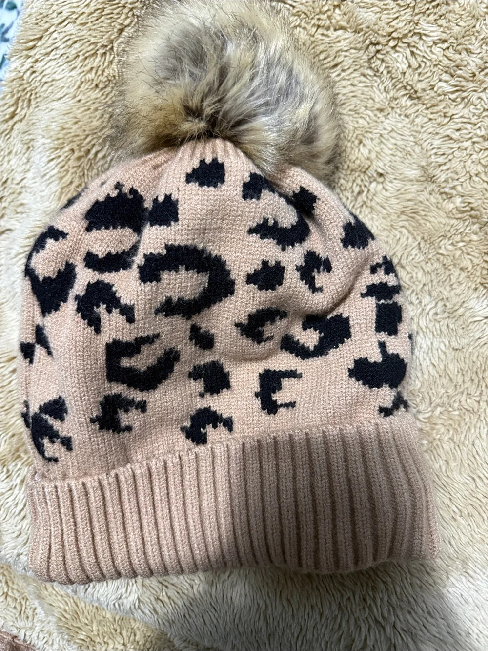 Kids Tan Leopard Print Pom Pom Beanie